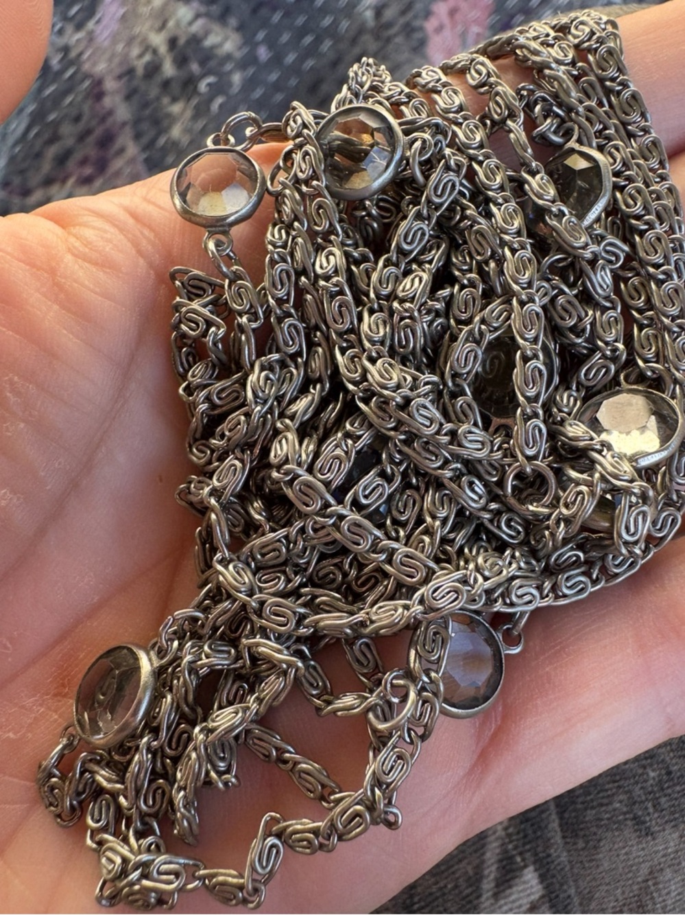 Vintage Gunmetal Multi-Chain Necklace with Smoky Glass Accents